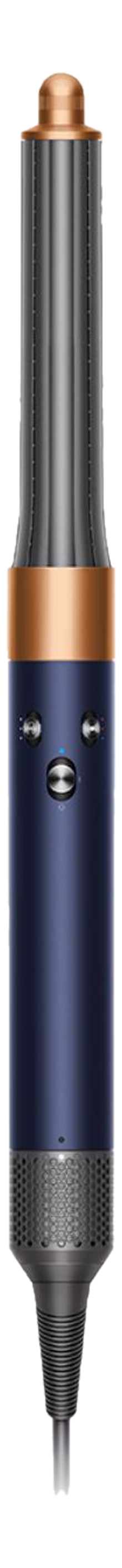Uno styler Dyson Airwrap blu e rame è in posizione verticale su sfondo nero. Ha dei pulsanti.