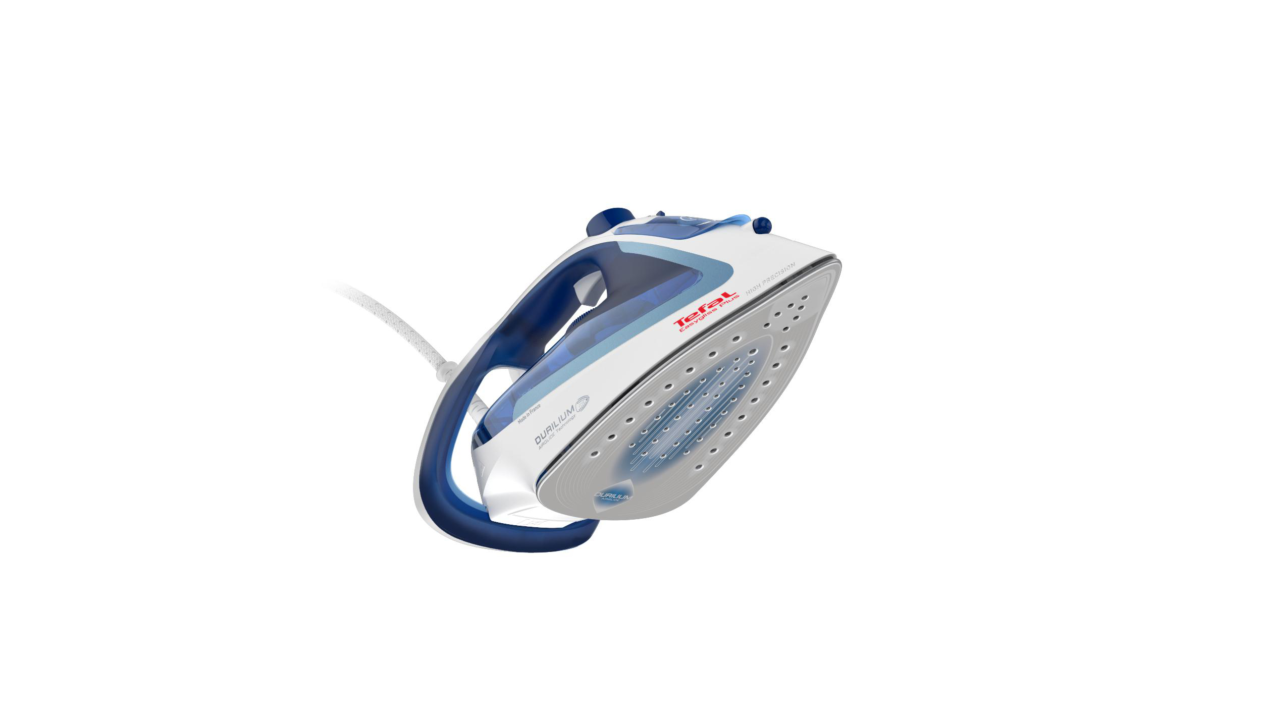 Weißes und blaues Tefal-Bügeleisen mit Dampflöchern. Schräge Ansicht, isoliert auf Weiß.