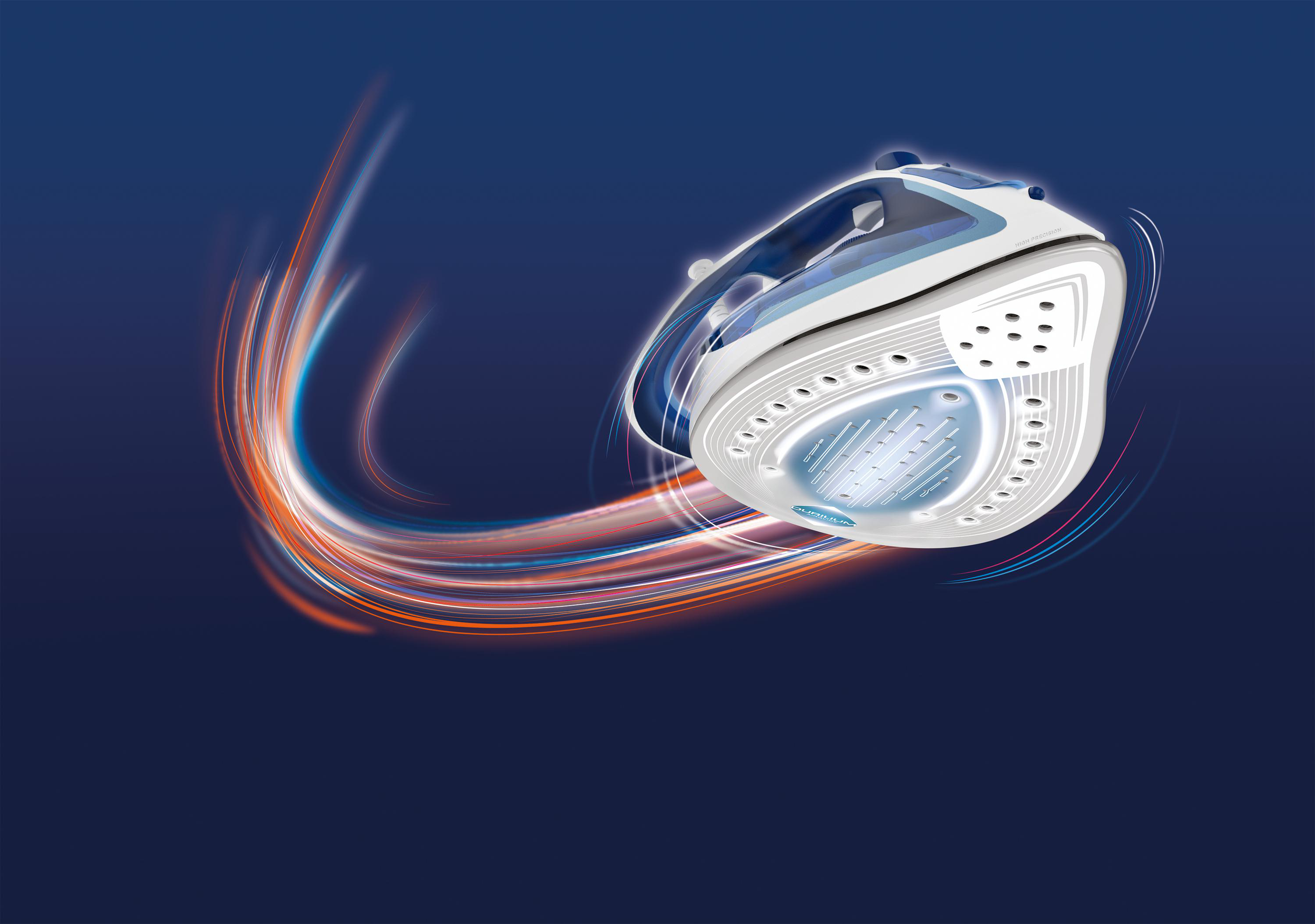 Tefal-Eisen in Bewegung, auf blauem Hintergrund mit Lichtspuren.