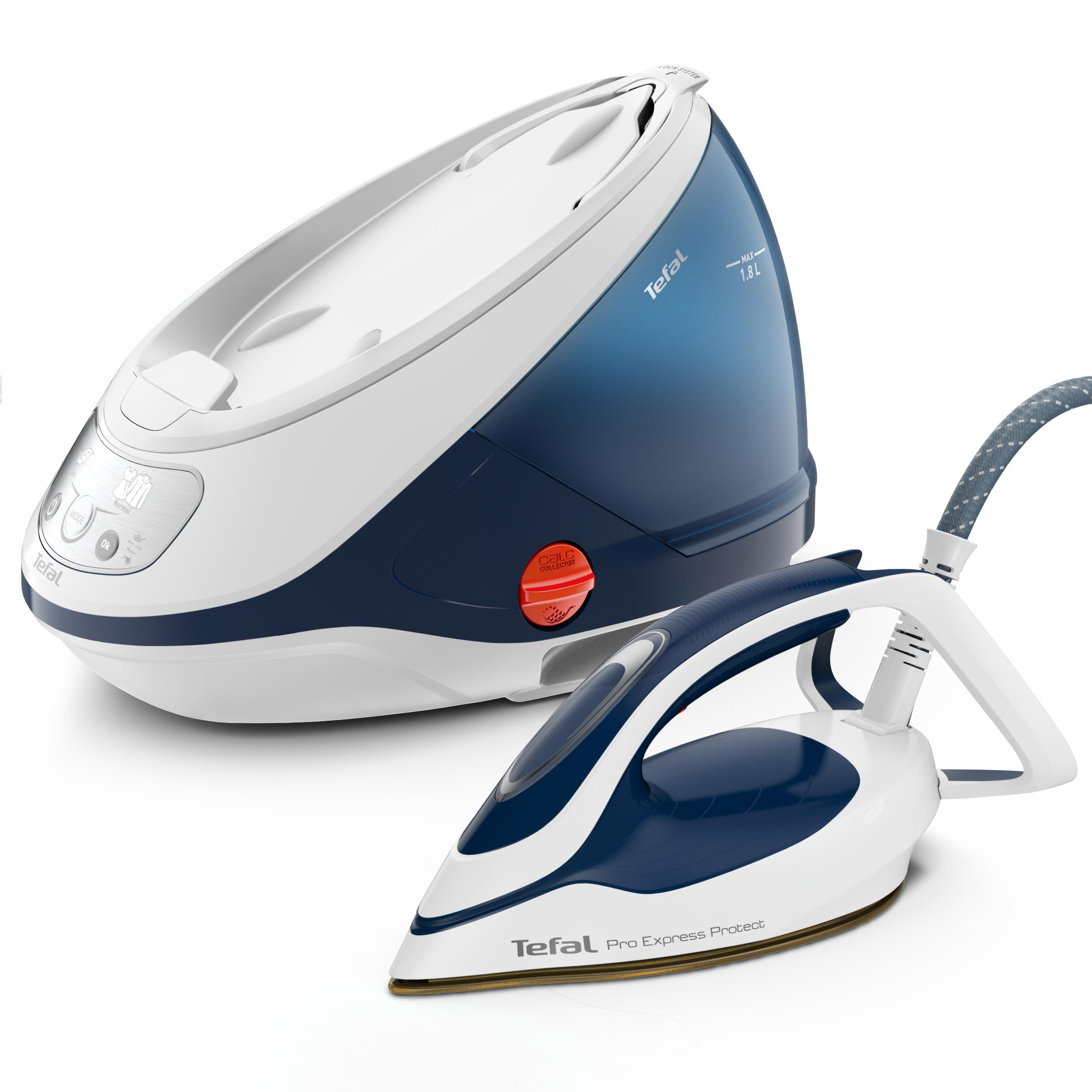Weißes und blaues Tefal Dampfbügeleisen und Wassertank. Weißer Hintergrund.