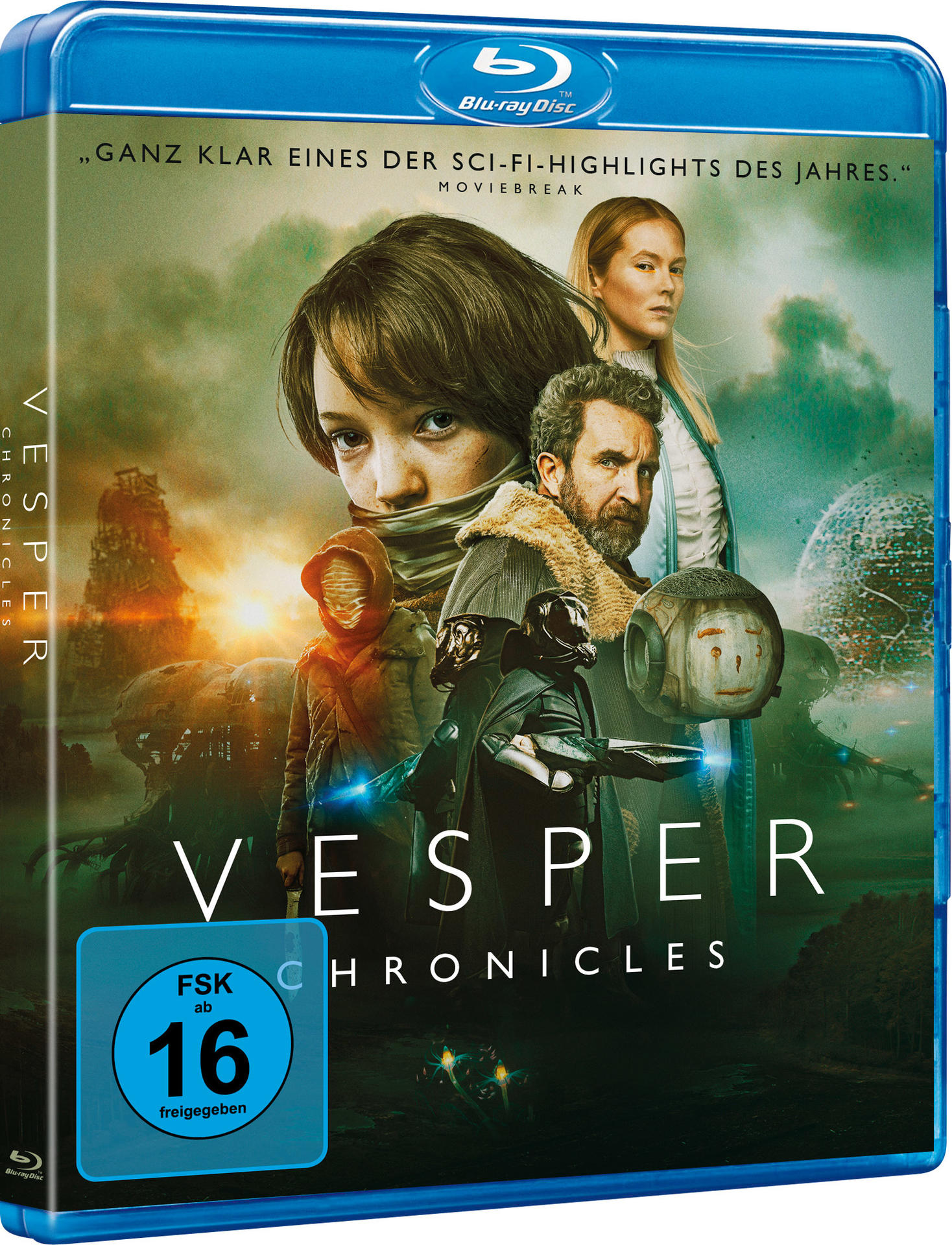 Filmcover: Vesper Chronicles. Zeigt Charaktere in einer dunklen, futuristischen Umgebung.