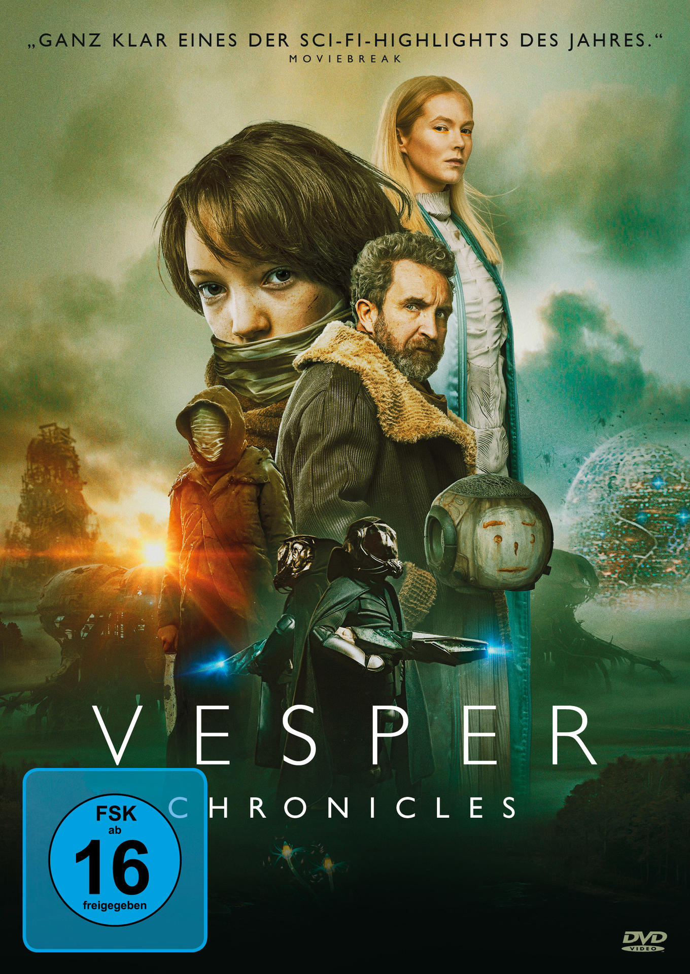 Filmcover mit Charakteren in futuristischer Umgebung. Titel: Vesper Chronicles.