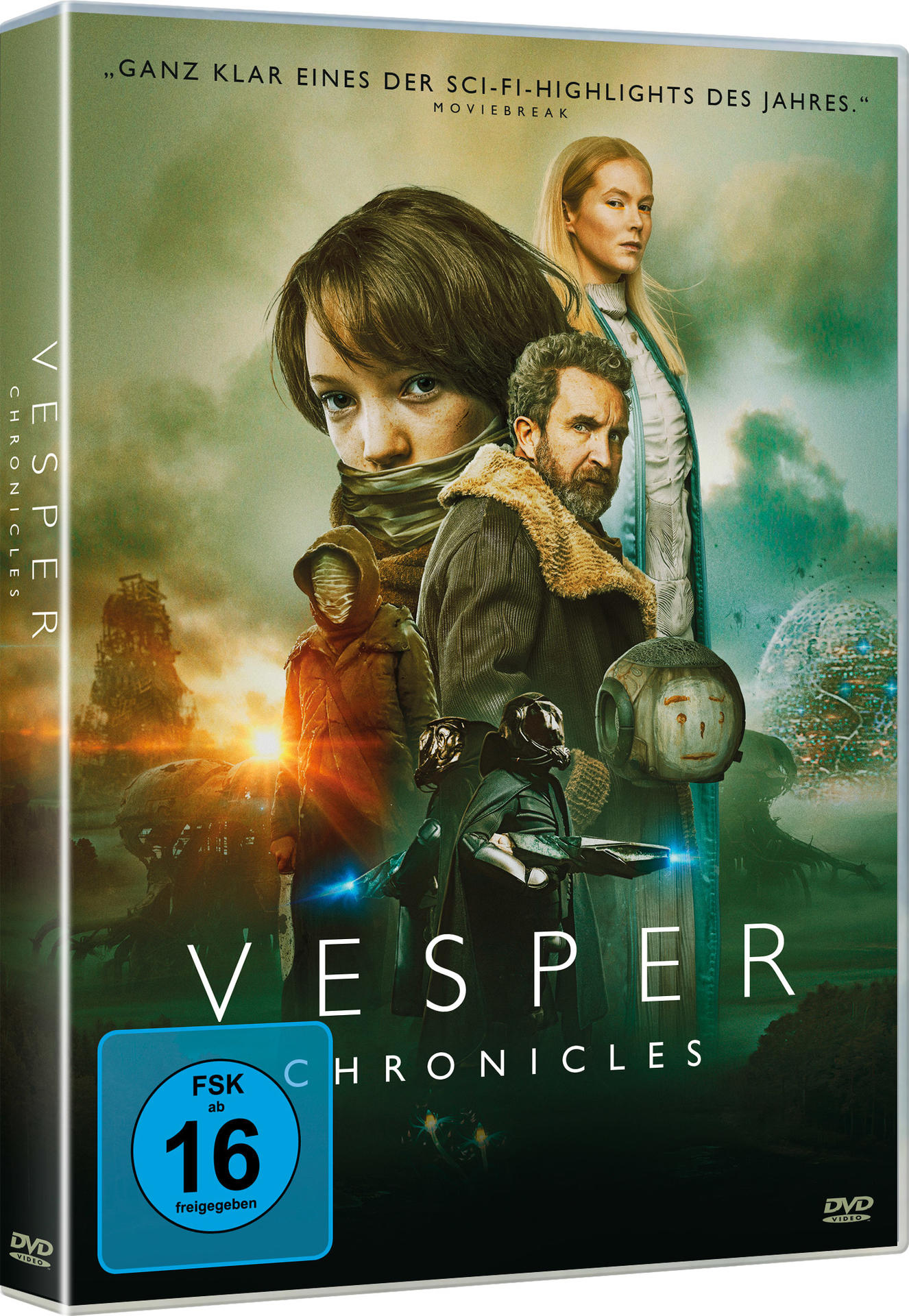 Vesper Chronicles DVD-Hülle. Personen vor futuristischer Landschaft. Blaues Alterskennzeichen.