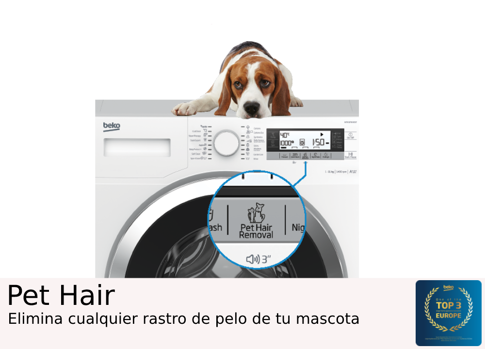 Un perro beagle está encima de una lavadora blanca, con un botón resaltado.