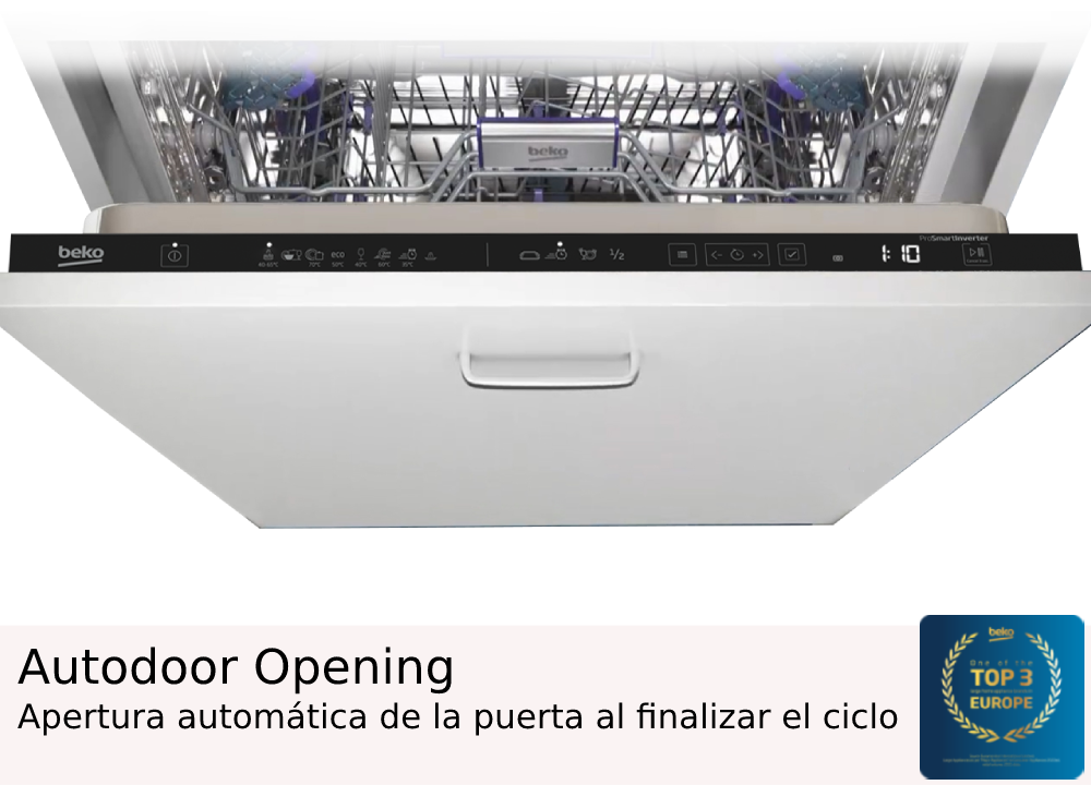 Lavavajillas con puerta abierta, panel de control y texto de apertura automática.