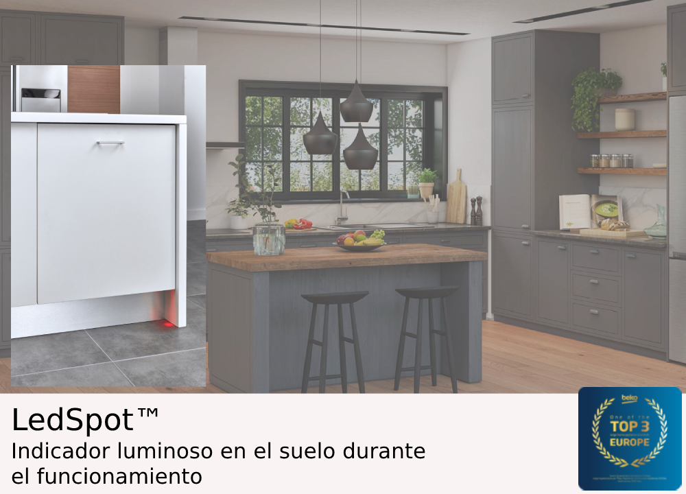 Cocina con lavavajillas con luz roja y texto sobre LEDSpot durante el funcionamiento.