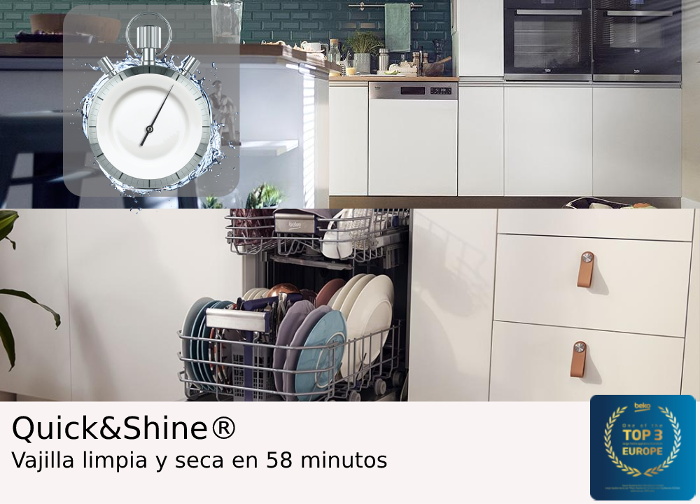 Lavavajillas con platos dentro, temporizador muestra 58 minutos, con fondo de cocina.