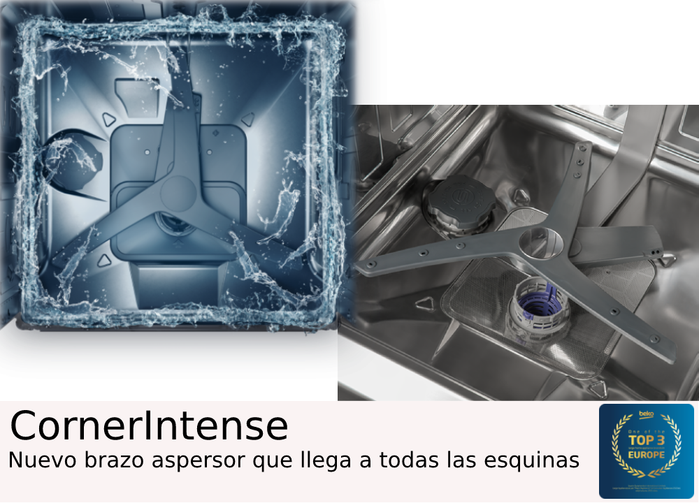 Interior de lavavajillas con brazo rociador giratorio y efecto agua, con texto.