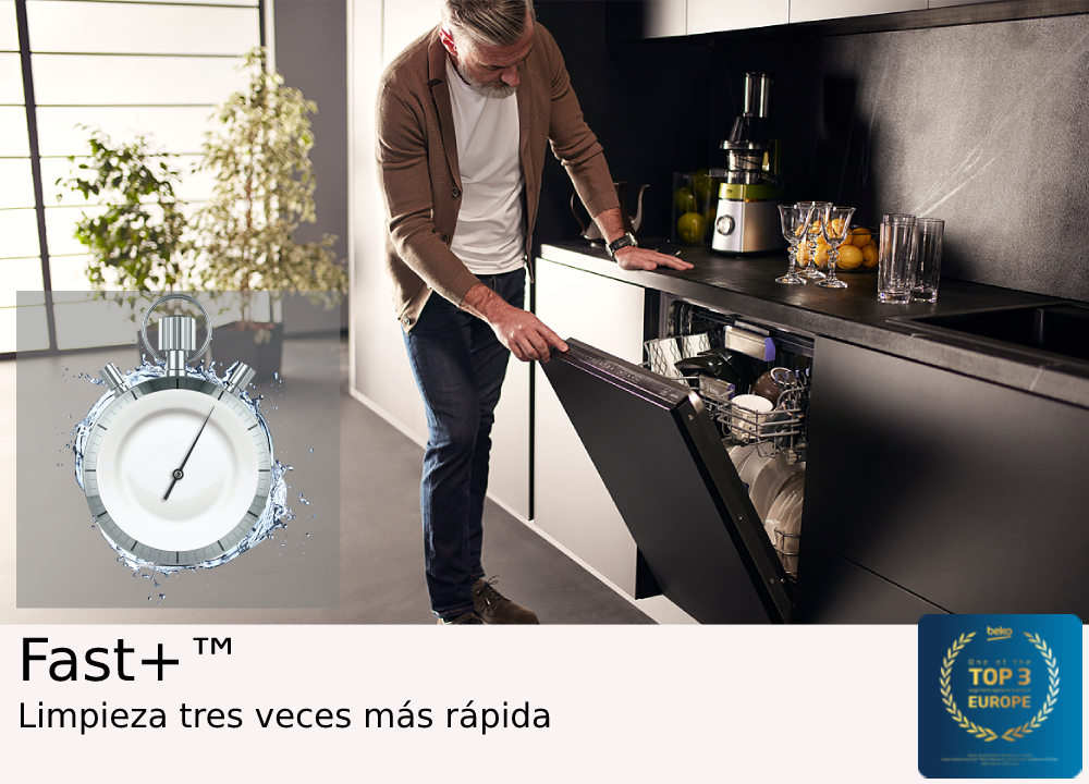 Hombre abriendo un lavavajillas, con un cronómetro delante. Texto: Fast+ Limpieza tres veces más rápida