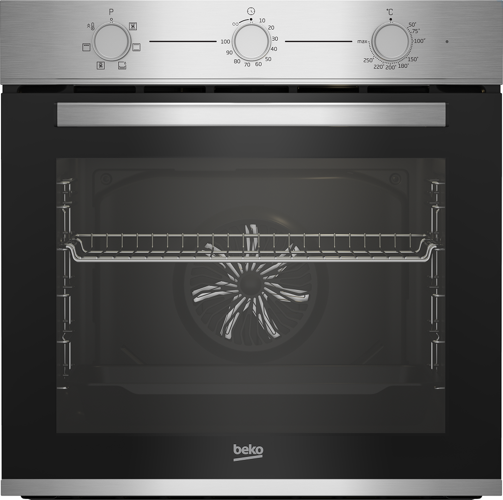Horno empotrado con controles arriba y ventilador dentro, acabado acero inoxidable.