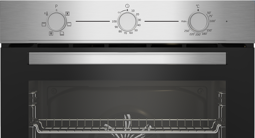 Primer plano del panel de control del horno con mandos de temperatura y temporizador.