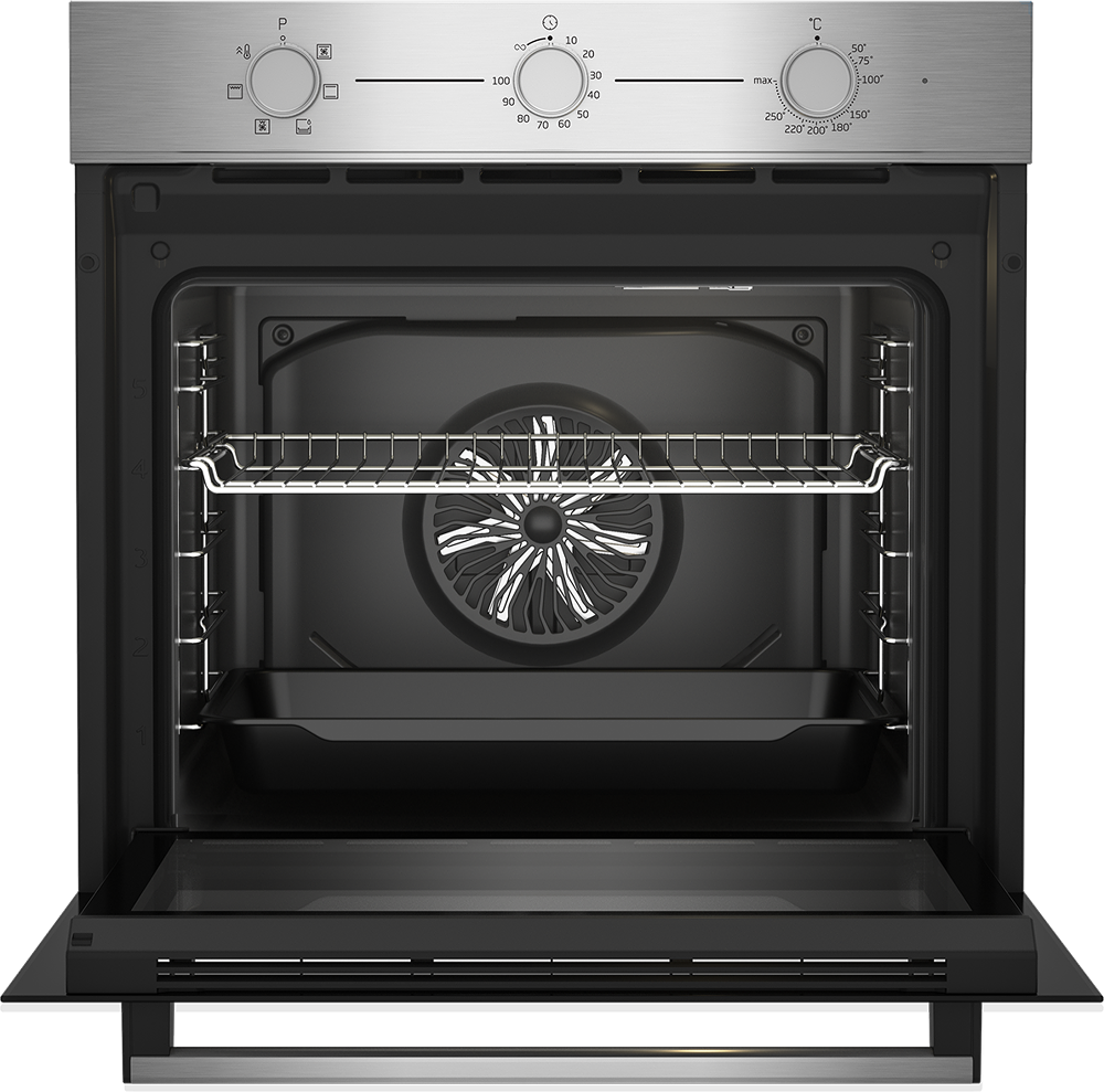 Interior de horno plateado con rejillas, ventilador y controles arriba.