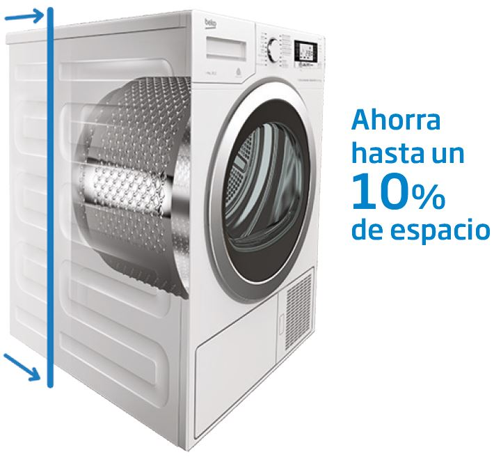 Secadora blanca con sección clara que muestra el tambor interior, y texto en español.
