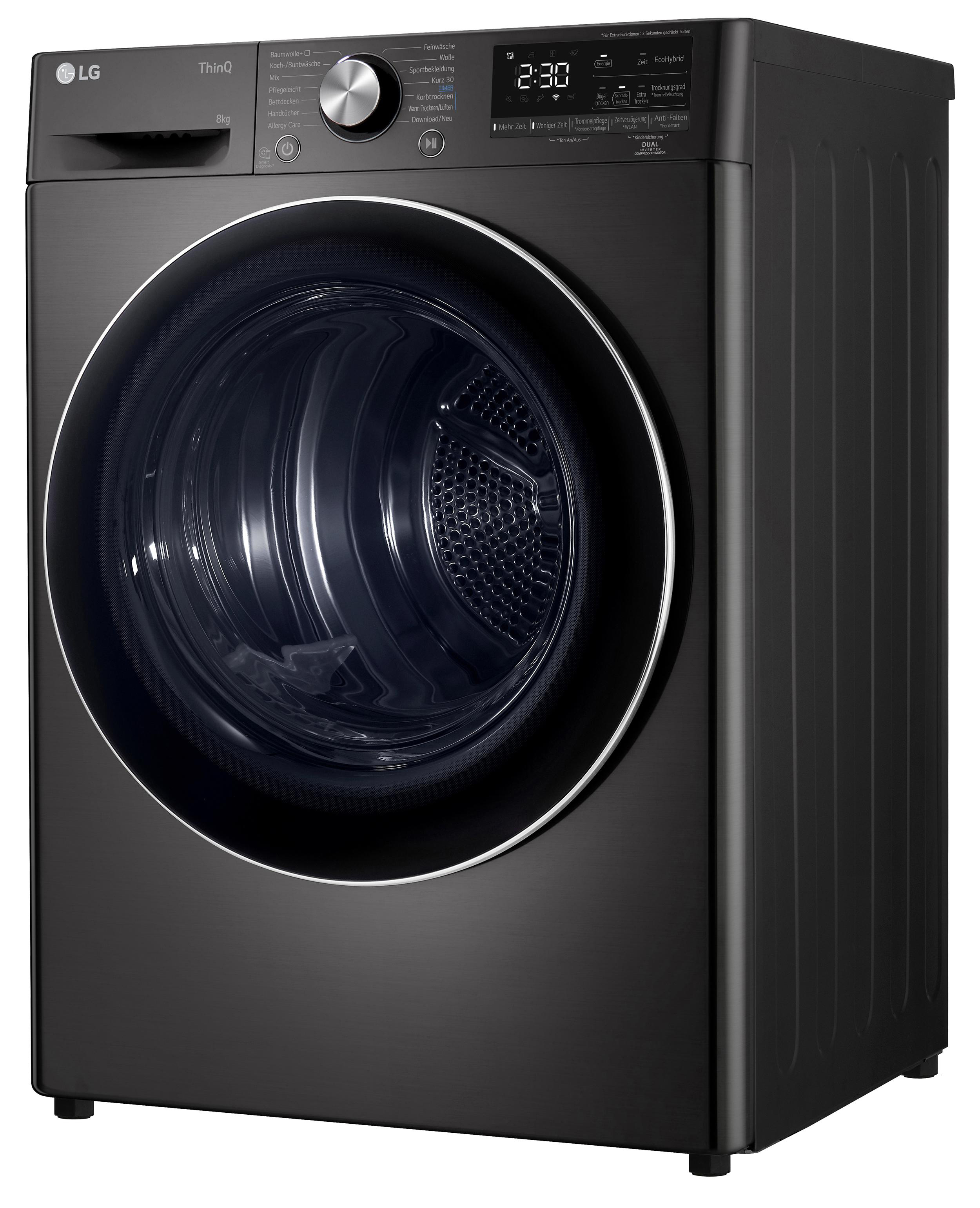 Eine schwarze LG Waschmaschine. Sie hat eine runde Tür und ein Digitaldisplay.