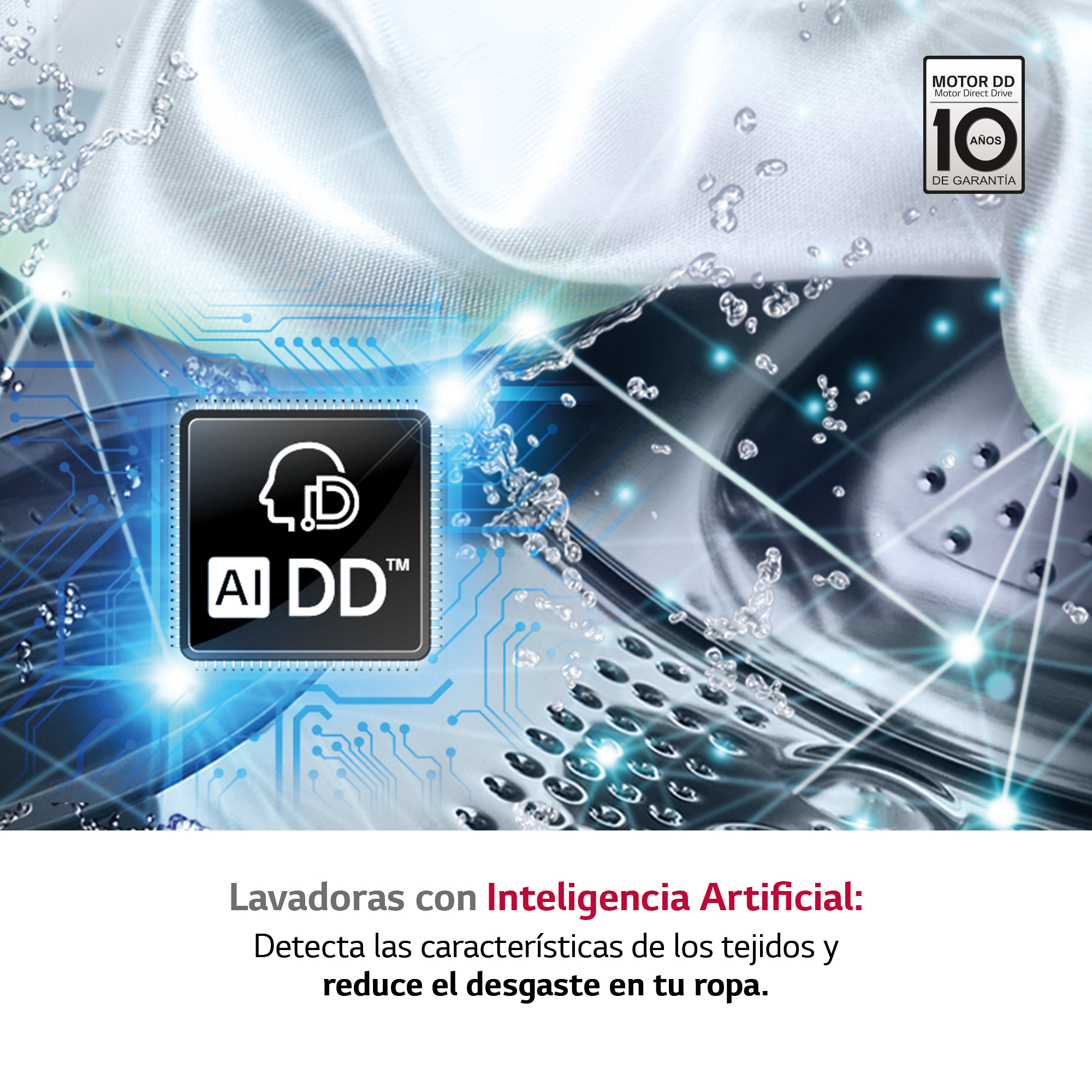 Lavadora con logo AI DD, gotas de agua. Texto: Detecta características de la tela, reduce el desgaste de la ropa.