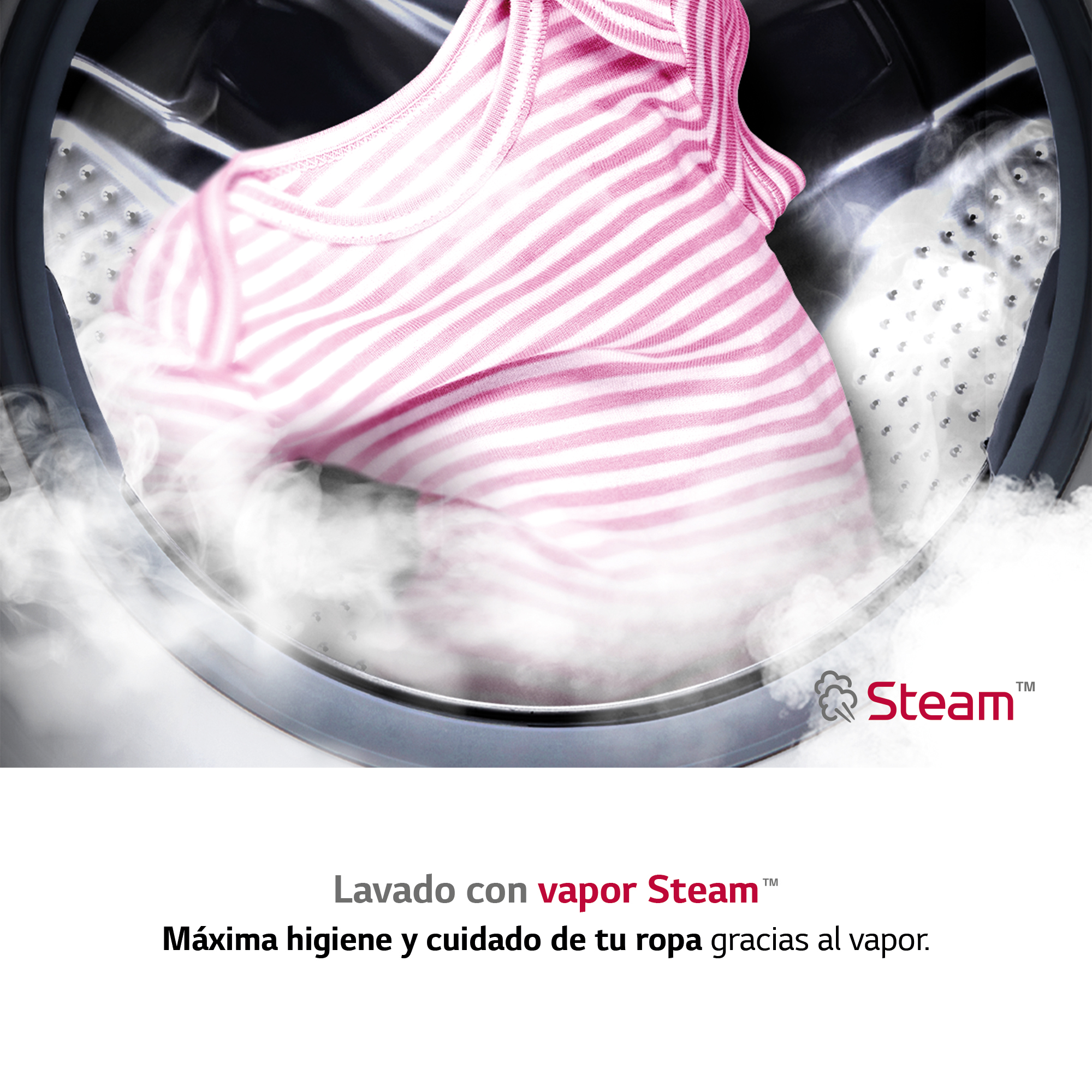 Ropa con rayas rosas dentro de una lavadora con vapor. Texto sobre lavado a vapor.