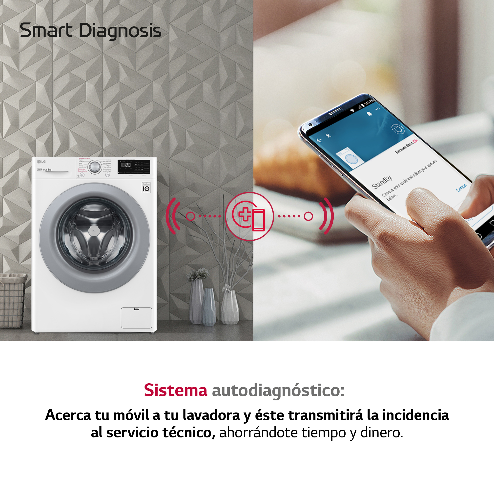 Lavadora con un smartphone mostrando información de diagnóstico, contra una pared.