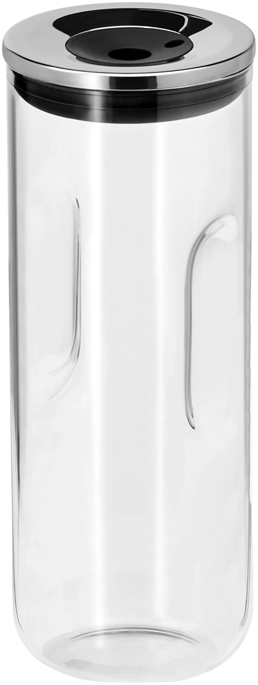 Ein klares Glasgefäß mit einem Metalldeckel. Zwei vertikale Vertiefungen an den Seiten. Auf Weiß isoliert.