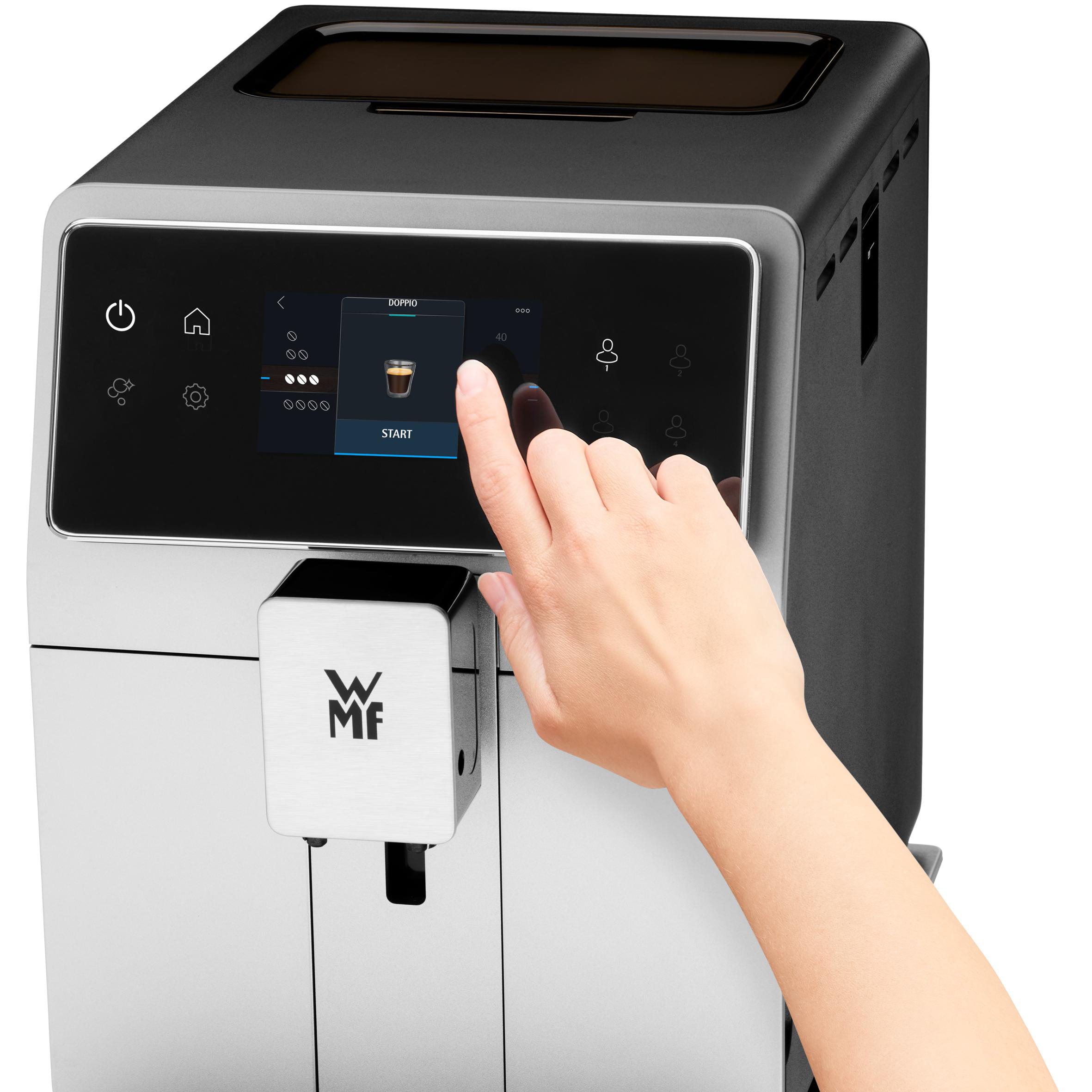 Eine Hand berührt den Bildschirm einer Kaffeemaschine, zeigt die Option 'Doppio'.