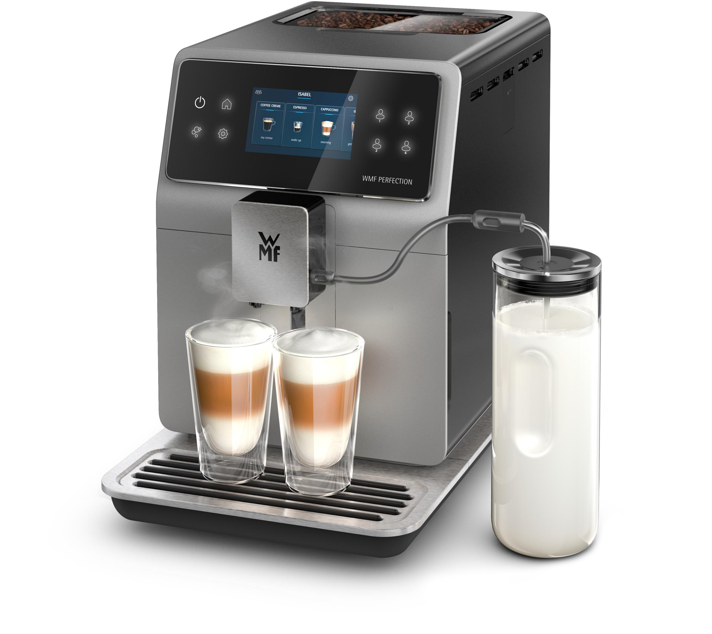 Kaffeemaschine mit zwei Latte-Gläsern, Milchkanne. Die Maschine hat einen Touchscreen und steht auf einem Tablett.