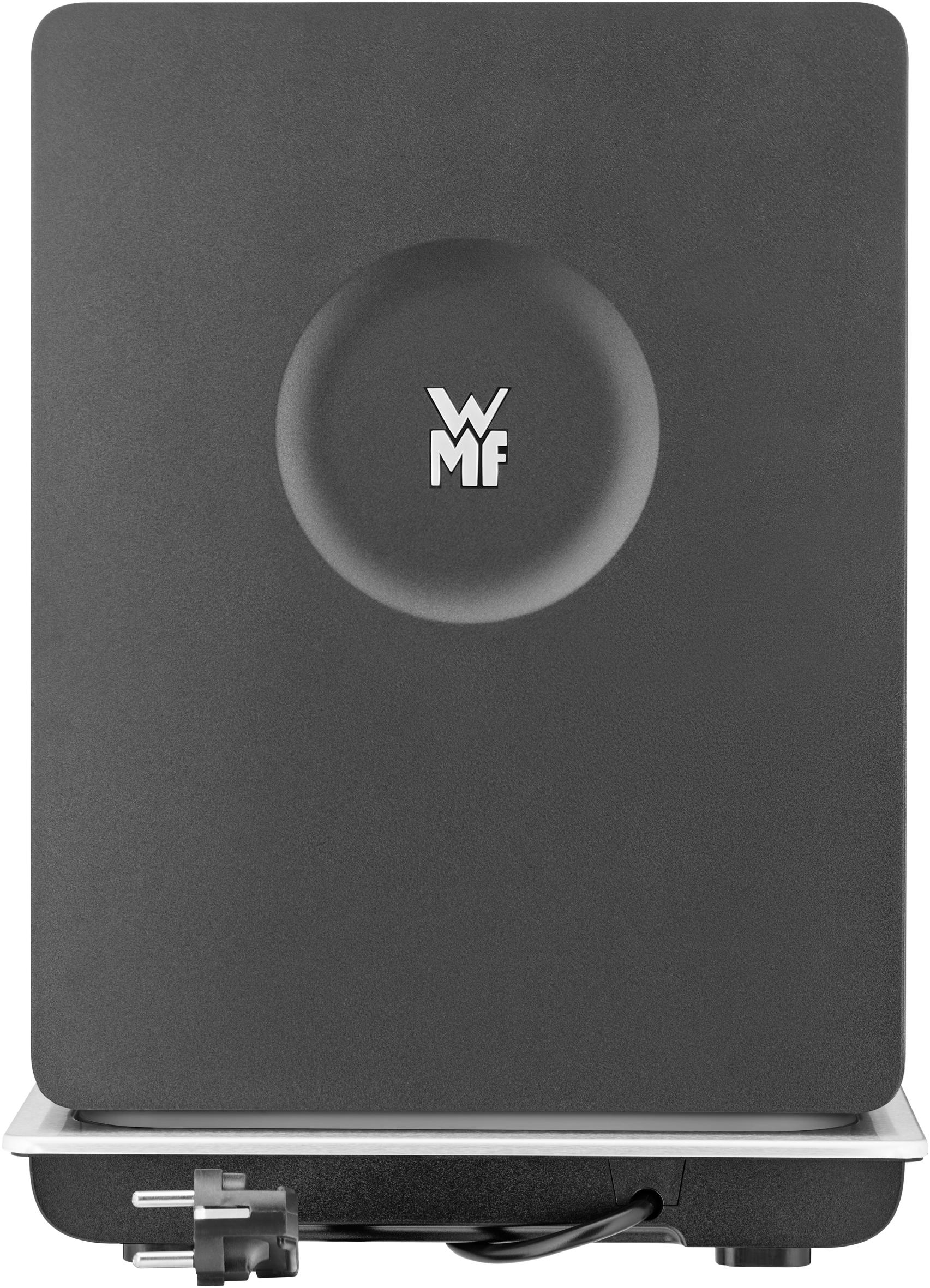 Schwarze rechteckige Kochfläche. WMF-Logo in der Mitte. Weißer Sockel. Netzkabel unten sichtbar.