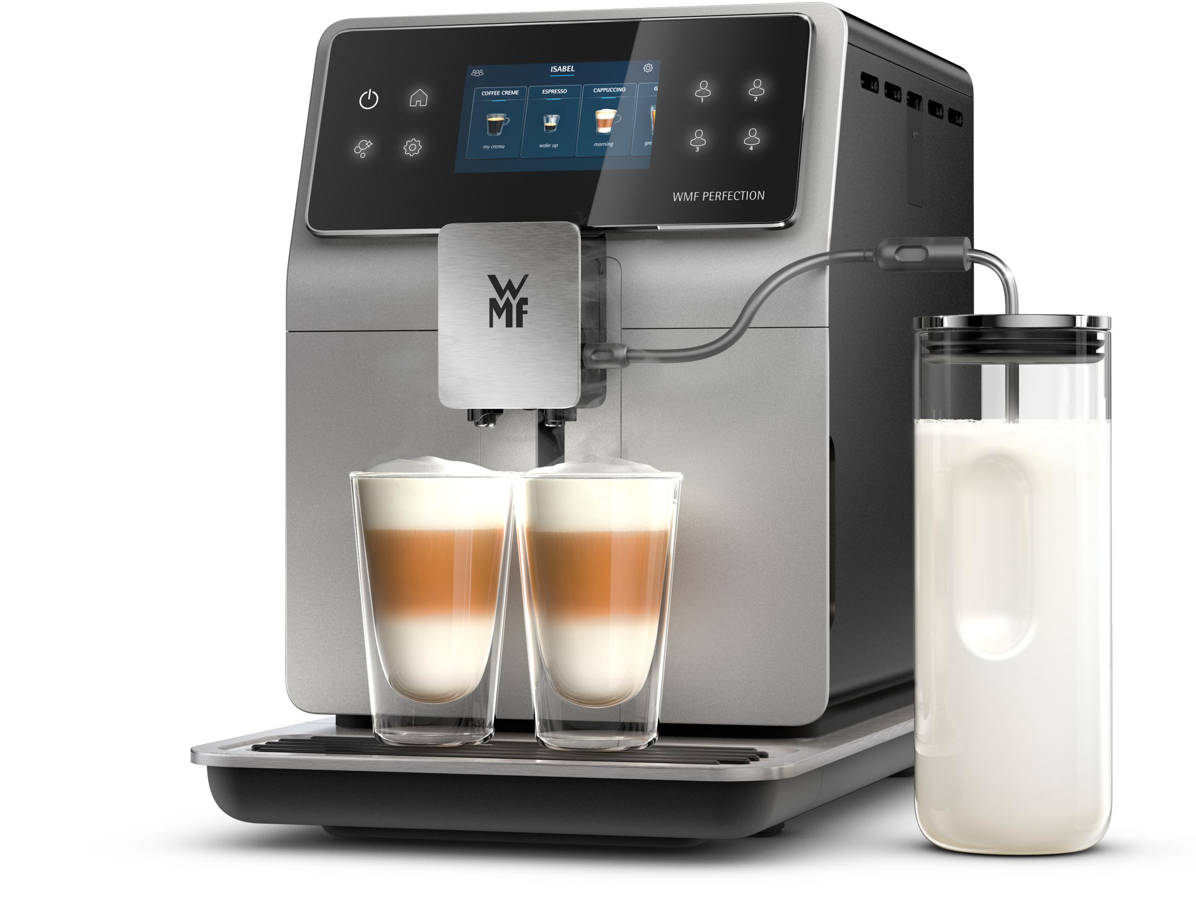 Kaffeemaschine. Zwei Gläser Kaffee werden eingeschenkt.