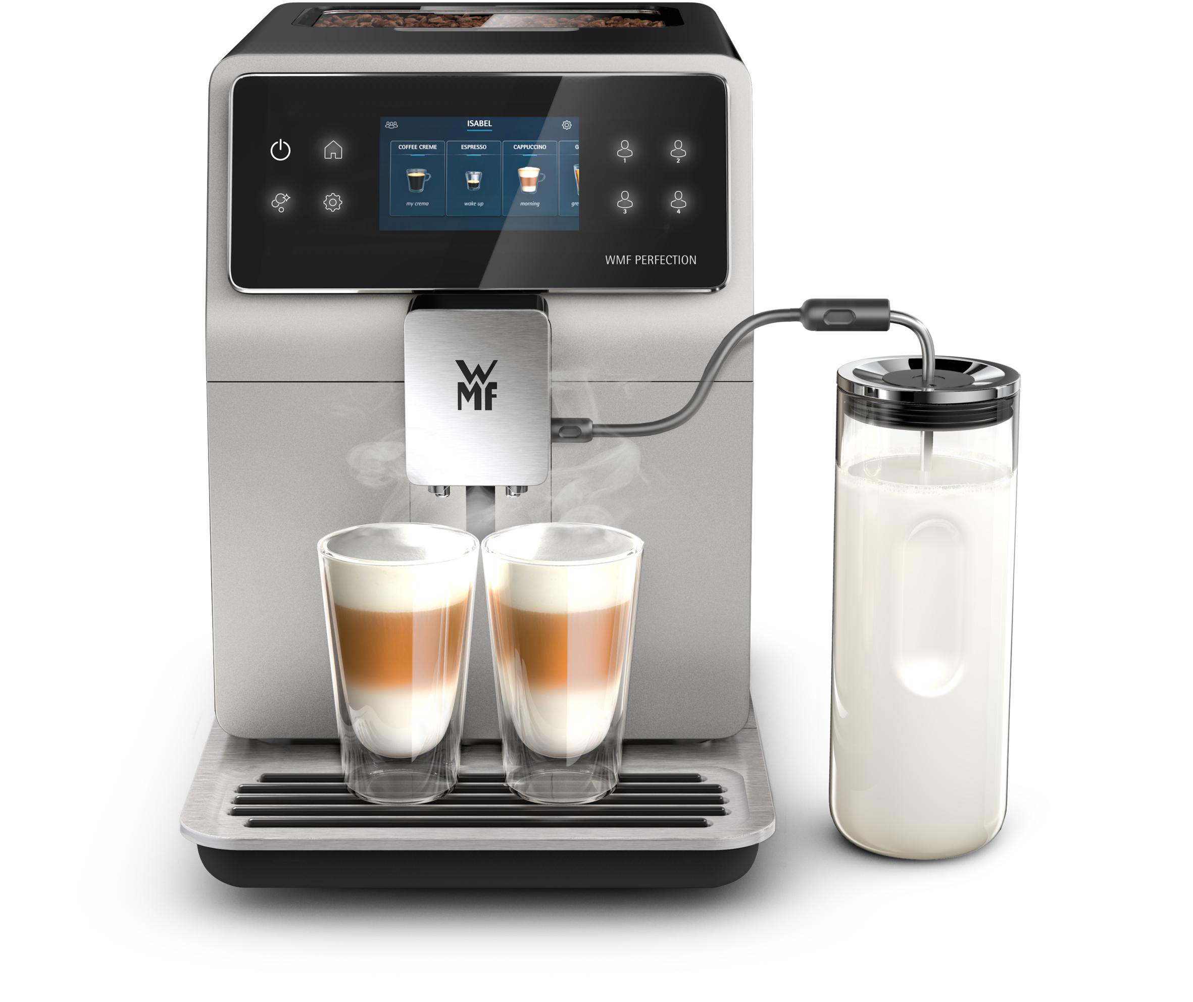 Kaffeemaschine mit zwei Gläsern, einem Milchbehälter und einem Digitaldisplay.