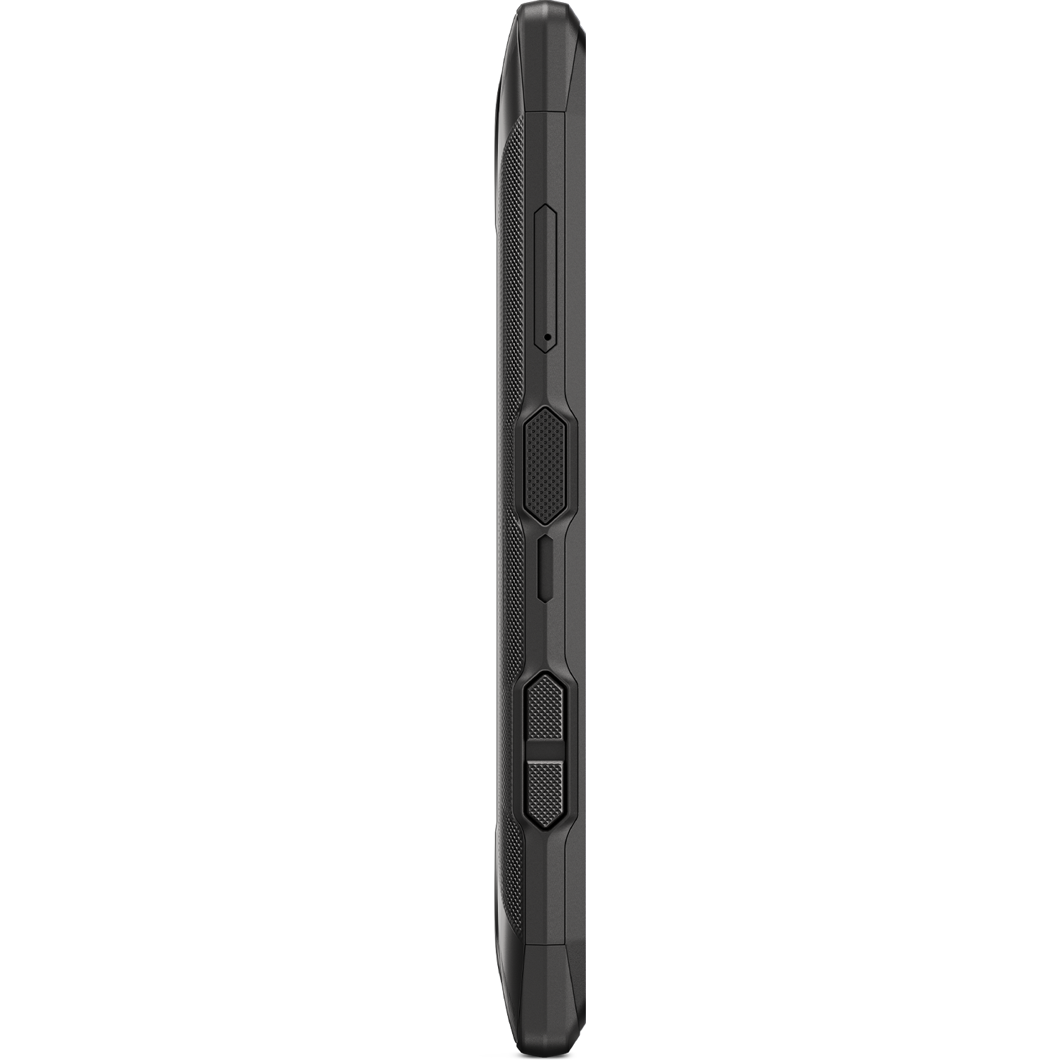 Black phone, side view. Buttons and a switch are visible on the side of the phone.