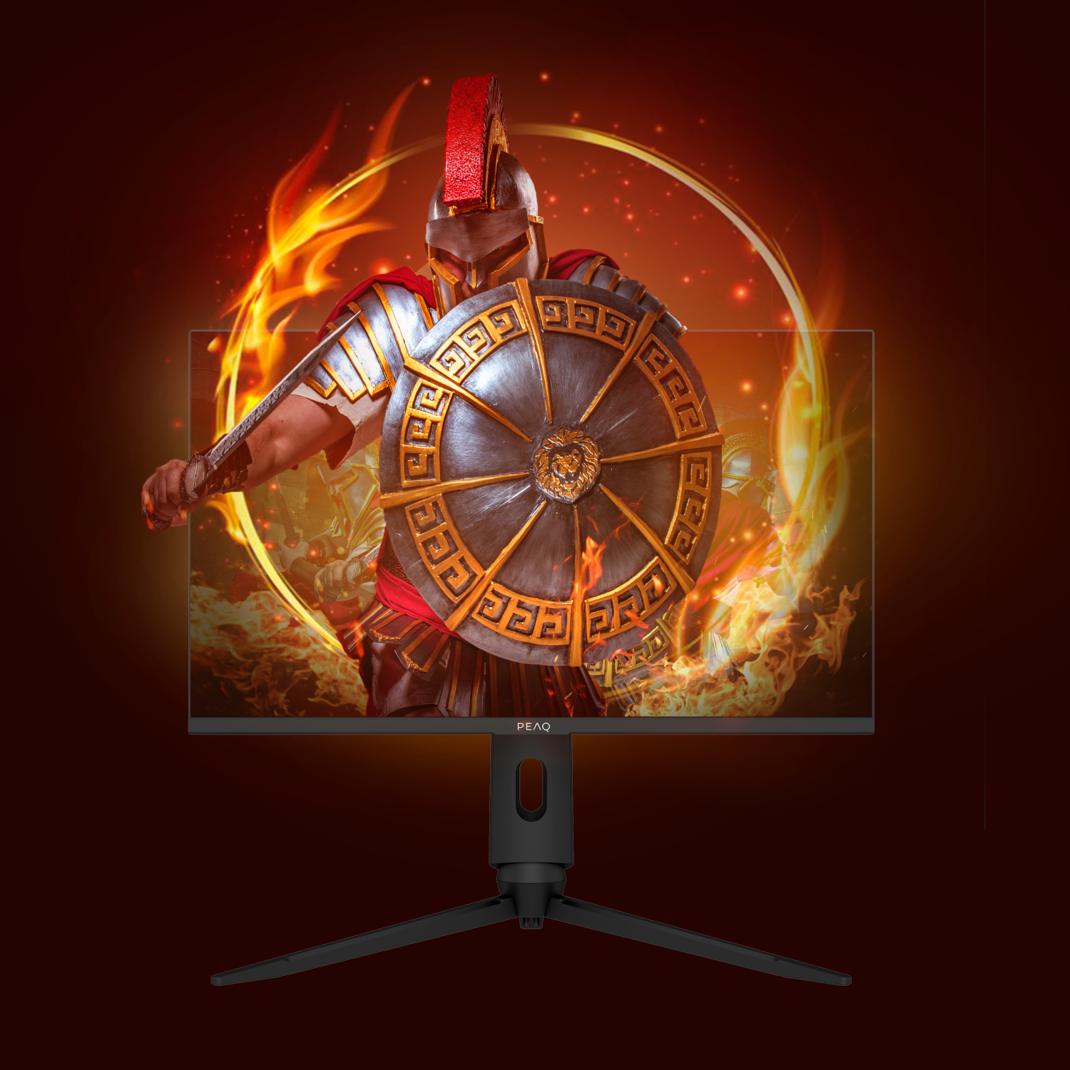 Ein Monitor mit einem Gladiator, einem feurigen Hintergrund und einem Ständer.