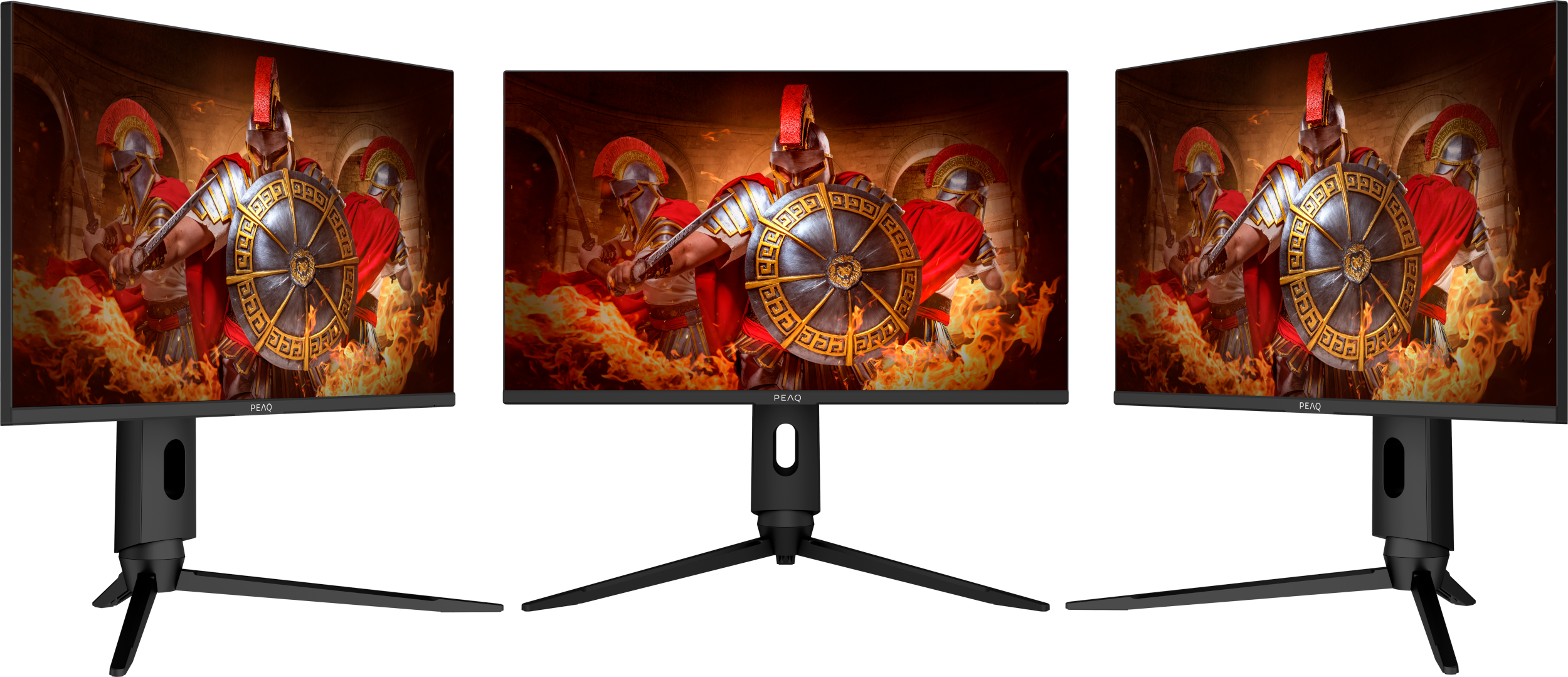 Drei Computermonitore, die eine Szene mit Kriegern zeigen. Die Monitore haben schwarze Ständer und Rahmen.