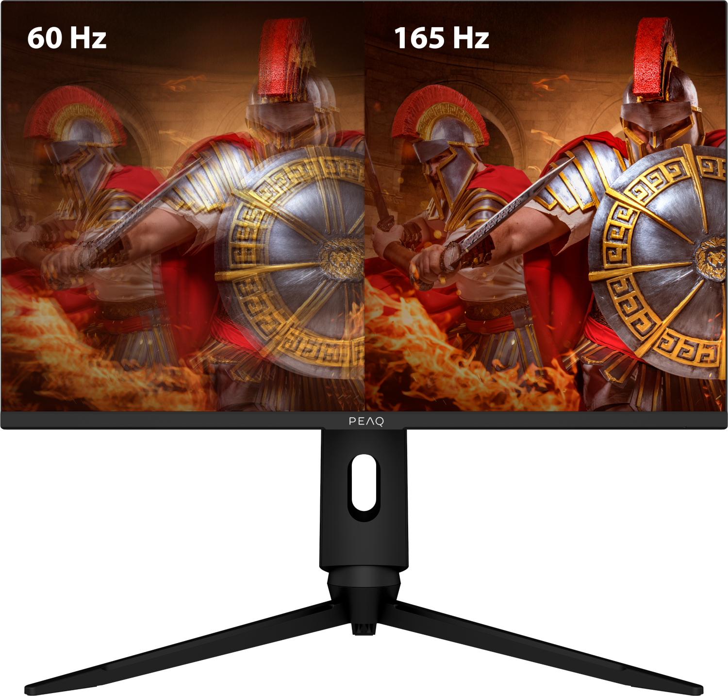 Computermonitor, der einen Vergleich von 60 Hz und 165 Hz Bildwiederholfrequenz zeigt.