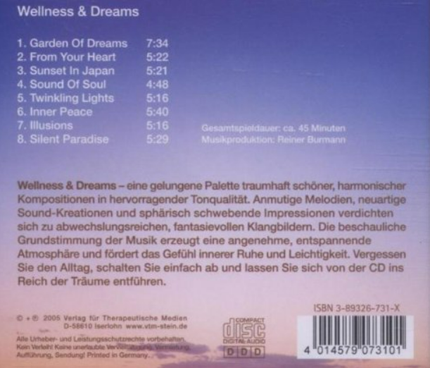 CD-Cover mit Titelliste für die Musik 'Wellness & Dreams'.