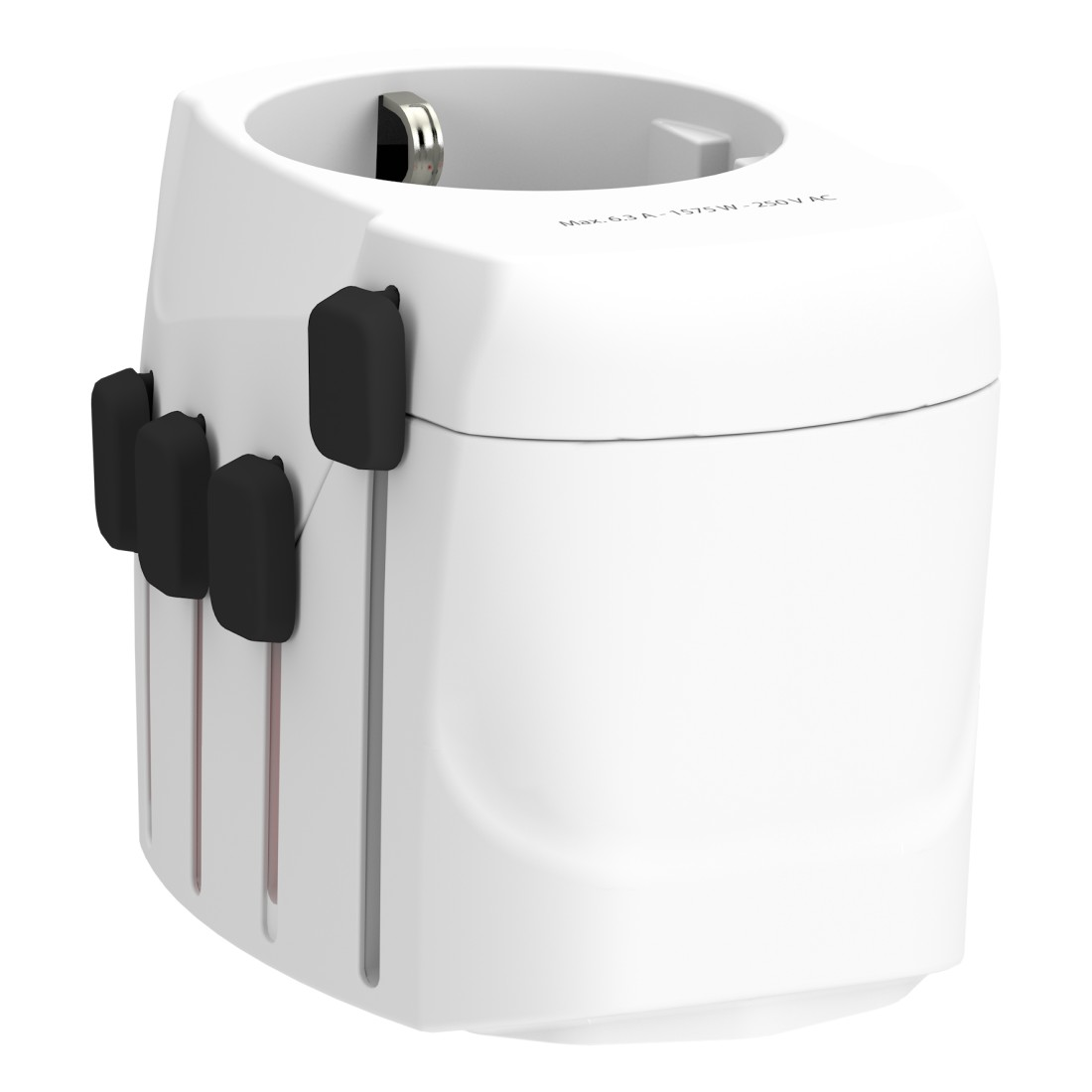 Weißer Mehrfachsteckeradapter mit schwarzen Stiften. Text: Max 6,3A - 1575W - 250V AC.