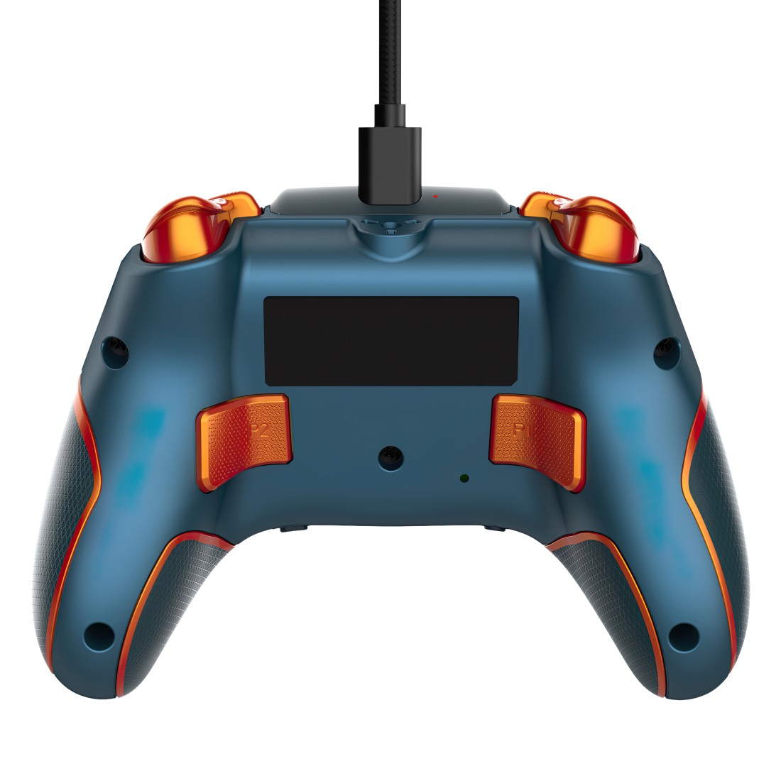 Ein blau-oranger Gamecontroller von hinten gesehen, mit einem Ladeanschluss oben.