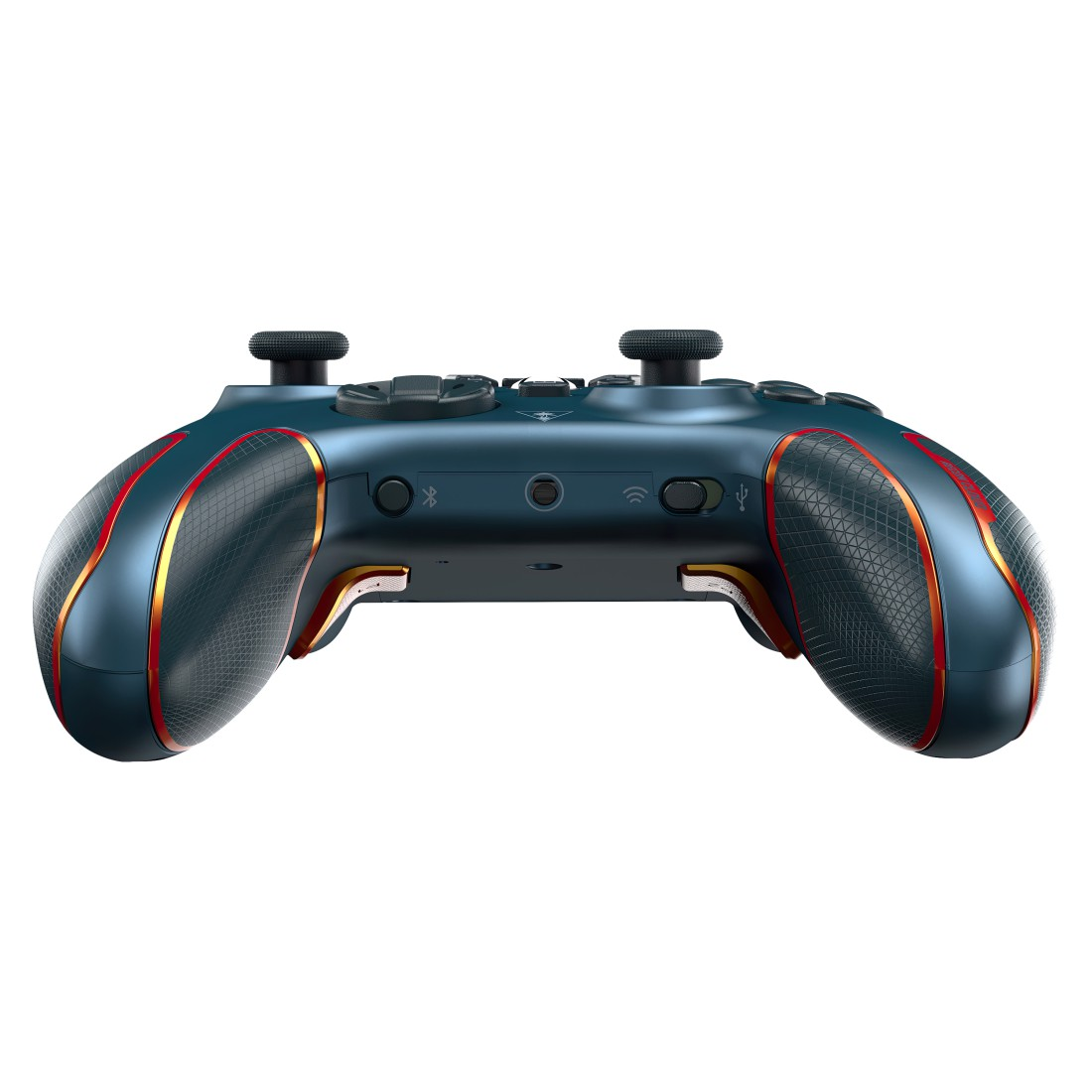 Ein blauer und roter Gamepad-Controller auf weißem Hintergrund.