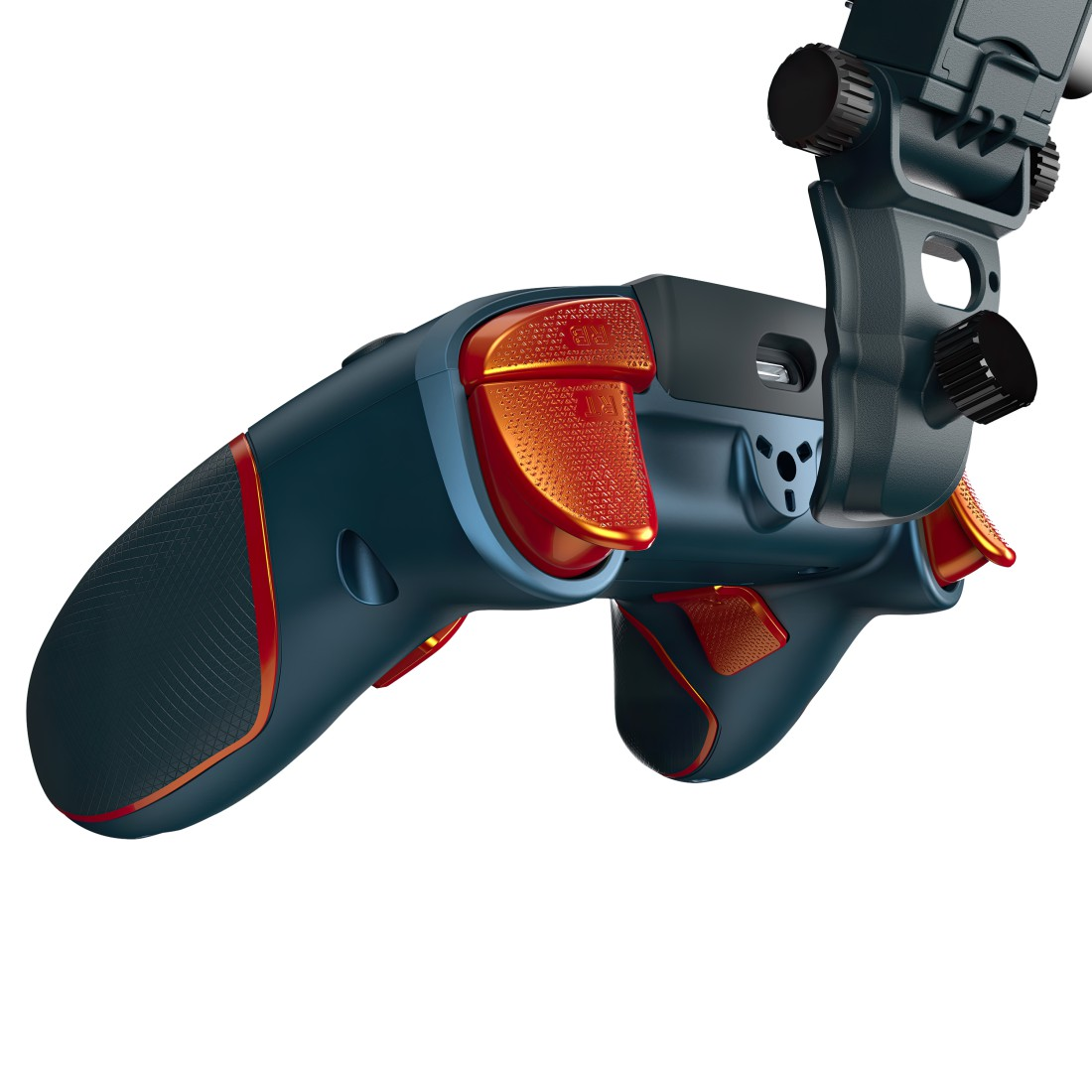 Ein dunkelblau-orangefarbener Gamecontroller. Der Controller hat mehrere Knöpfe und Auslöser.