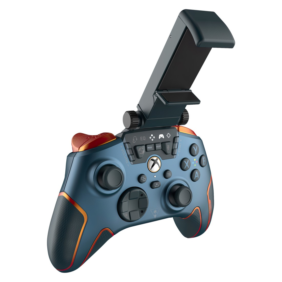 Blau-oranger Gamecontroller für Xbox mit Telefonclip.