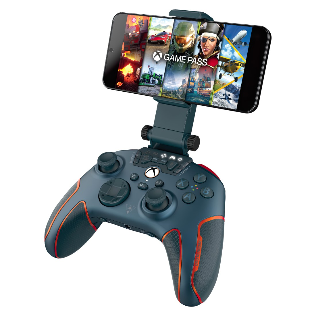 Ein Telefon, das ein Spiel anzeigt, ist auf einem Gamepad mit Tasten montiert, das von einem Ständer gehalten wird.