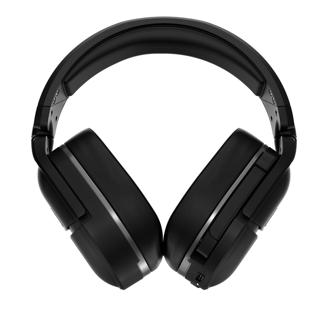 Schwarze Over-Ear-Kopfhörer mit geschwungenem Design, Draufsicht, auf weißem Grund.