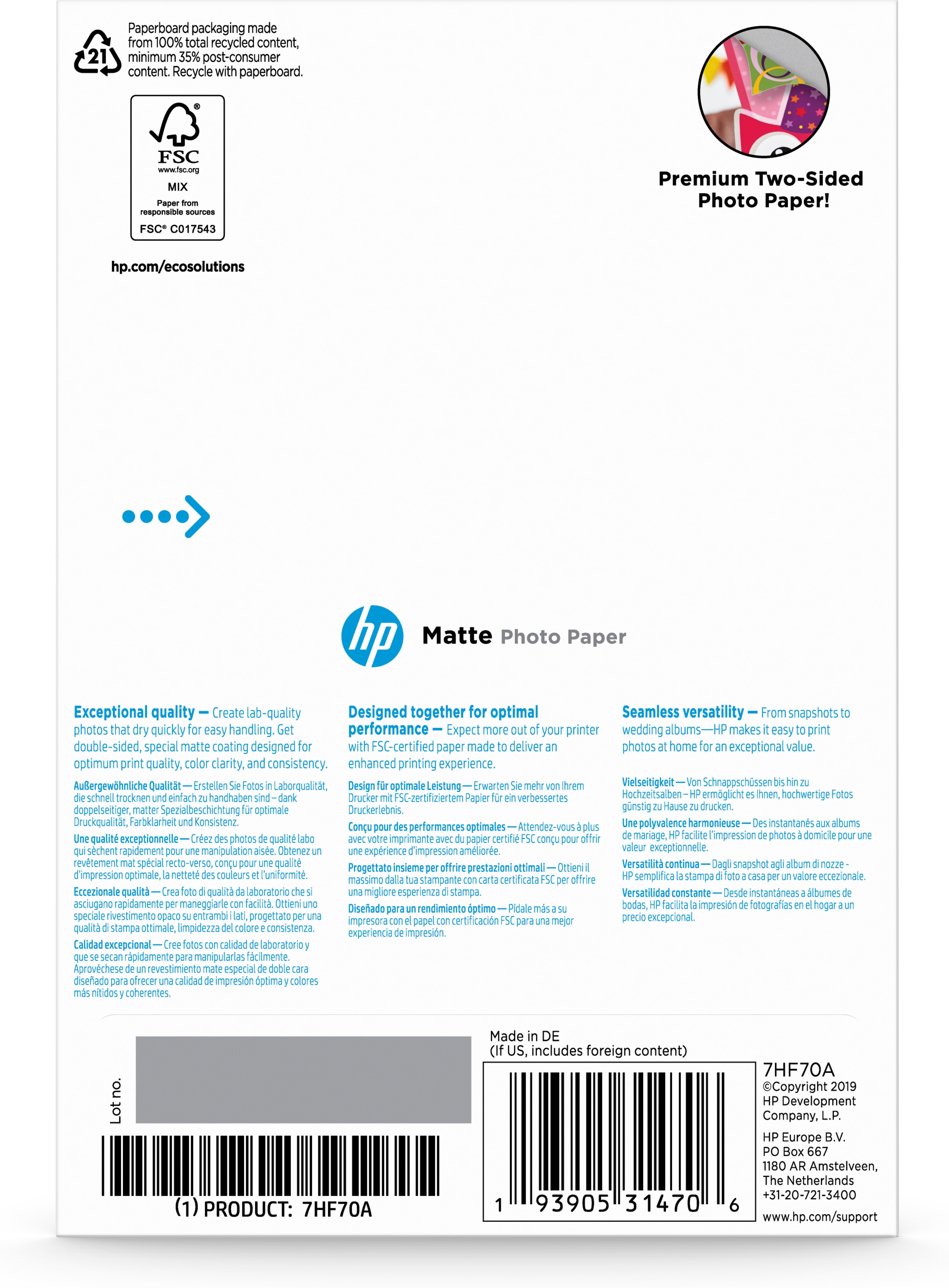 Fotopapierverpackung mit Text und Barcode, verschiedener Text in mehreren Sprachen.