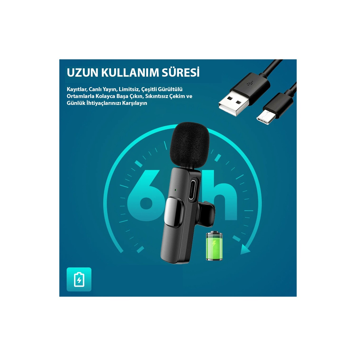 USB ve USB-C kabloları ve bir pil simgesi ile kablosuz mikrofon kiti.