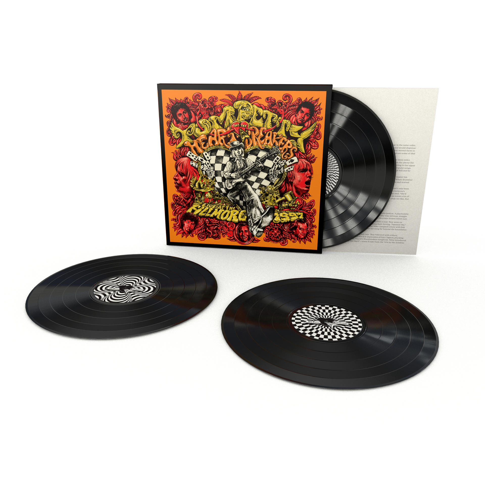 Vinylplaten met albumhoes. Platen zijn zwart, hoes is oranje met tekst en afbeeldingen.