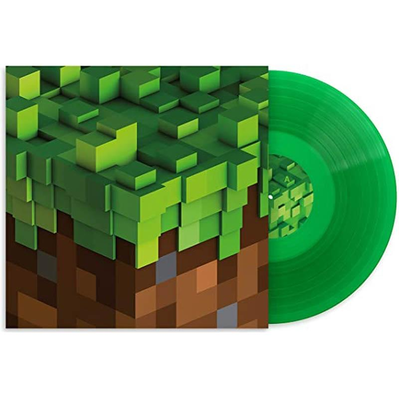Grüne Schallplatte mit Minecraft Grasblock-Cover.