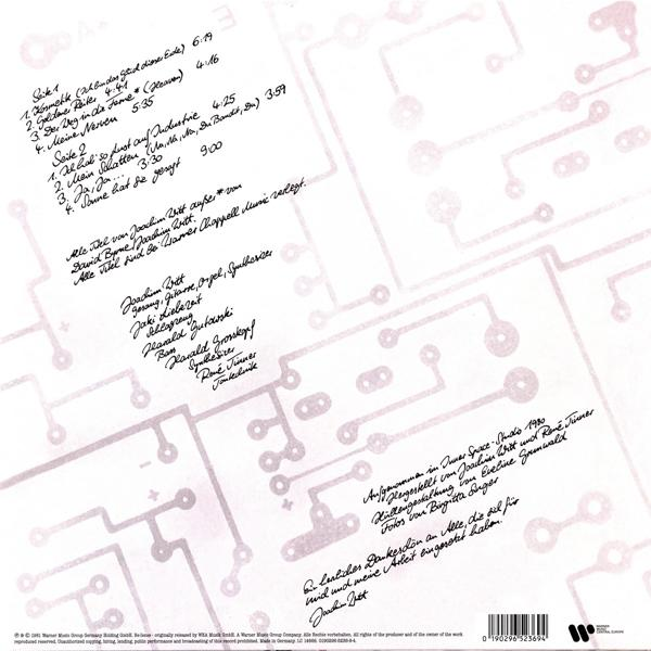 Rückseite eines Musikalbums mit handschriftlichem Text und einer Schaltung.