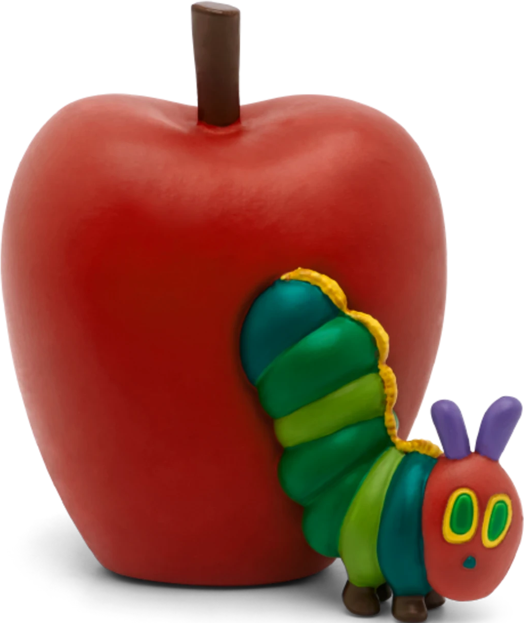 Ein roter Apfel mit einer Zeichentrickraupe. Die Raupe ist bunt und neben dem Apfel.