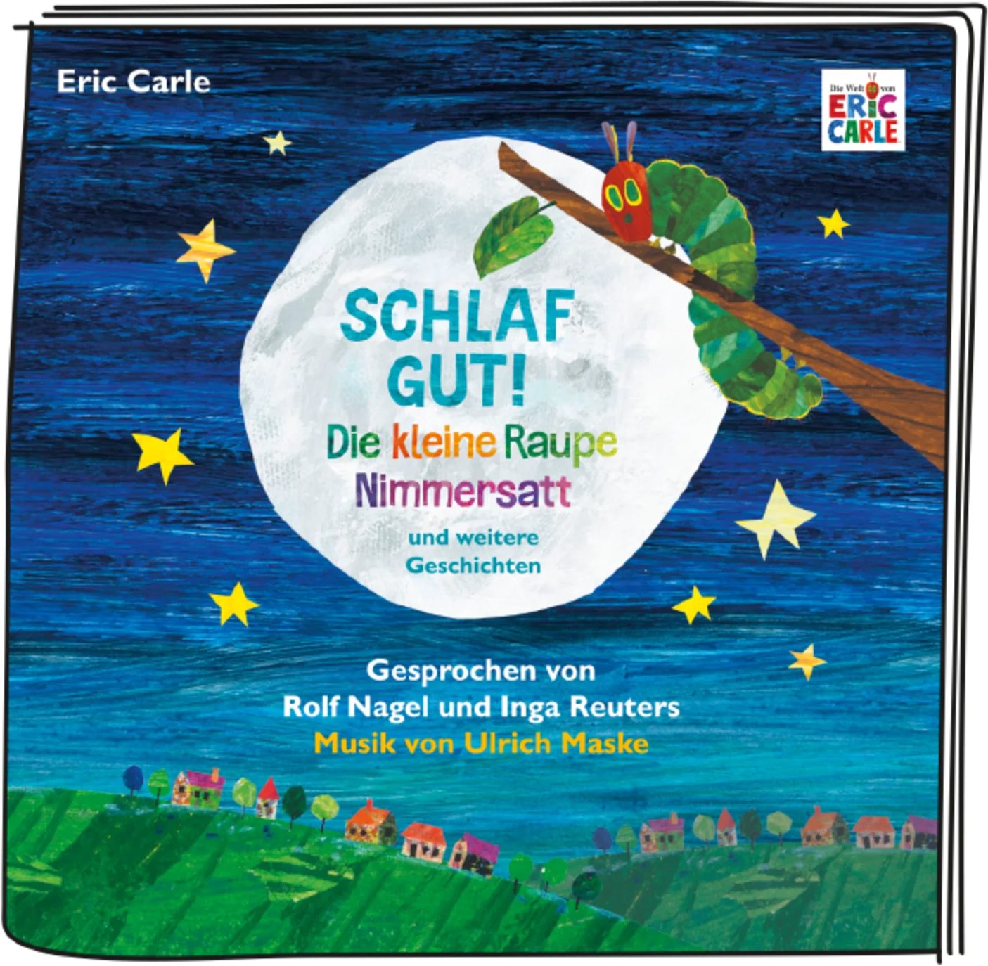 Buchcover: 'Schlaf Gut!' von Eric Carle. Eine grüne Raupe auf einem Halbmond, mit Sternen.
