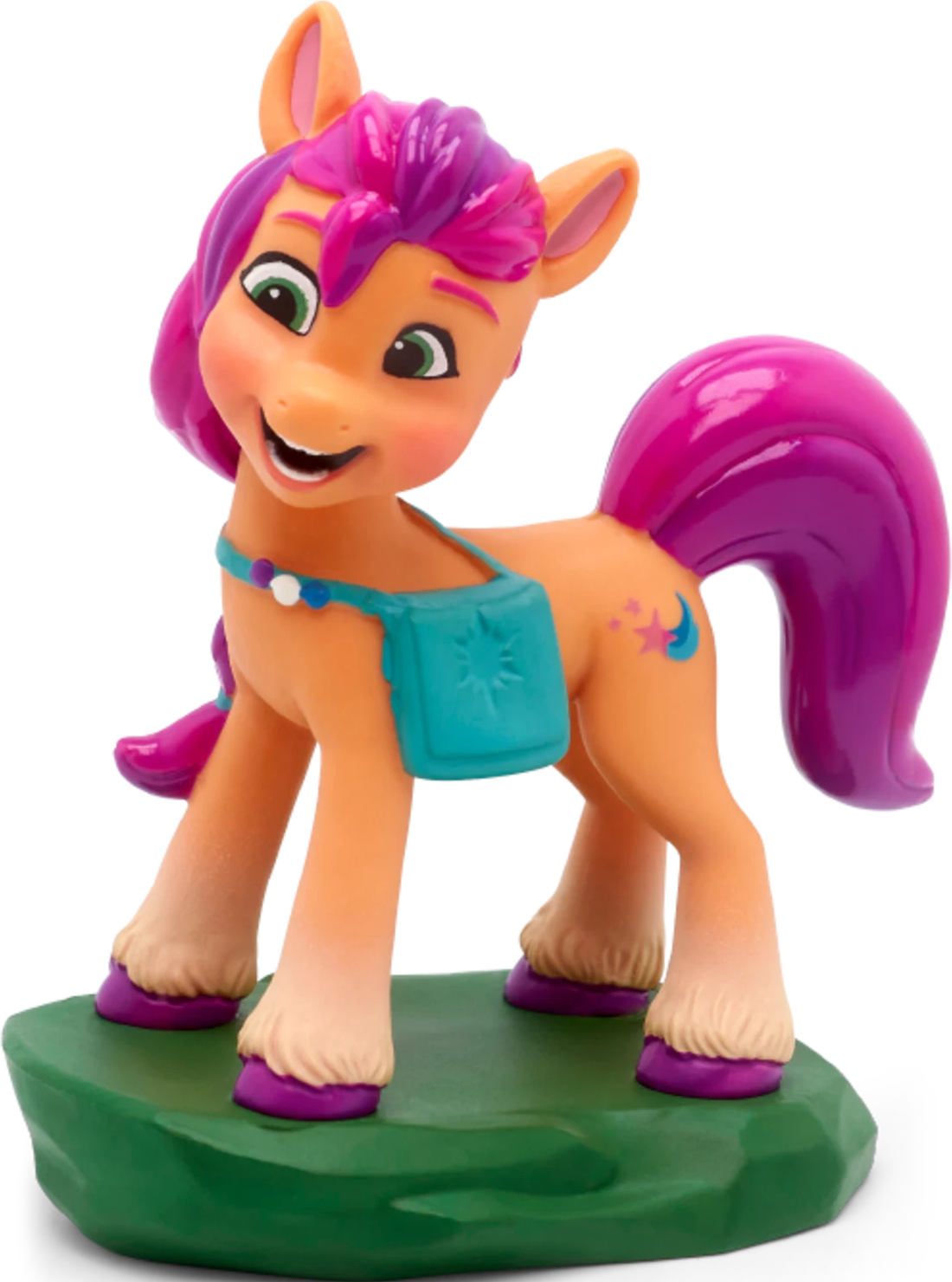 Eine Spielzeug-Pony-Figur, orangefarbener Körper, lila Haare und Schweif, auf grünem Sockel.