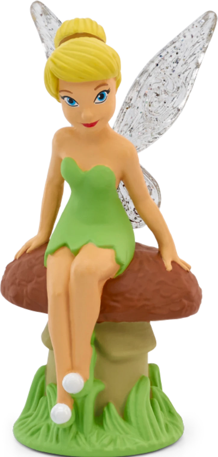 Tinkerbell-Figur sitzt auf einem Pilz mit durchsichtigen Flügeln und grünem Kleid.