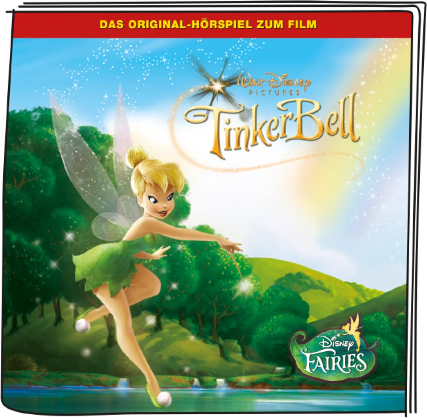 Tinker Bell Filmcover. Tinker Bell fliegt vor einem Regenbogen und Sternenhimmel.