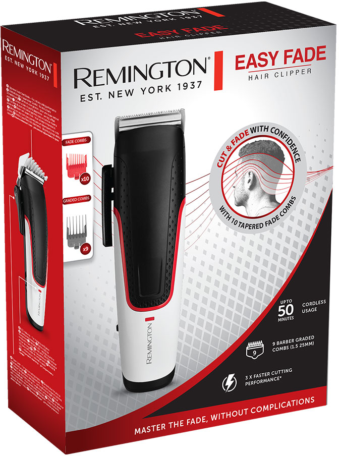 Scatola tagliacapelli Remington Easy Fade con tagliacapelli e accessori visibili.